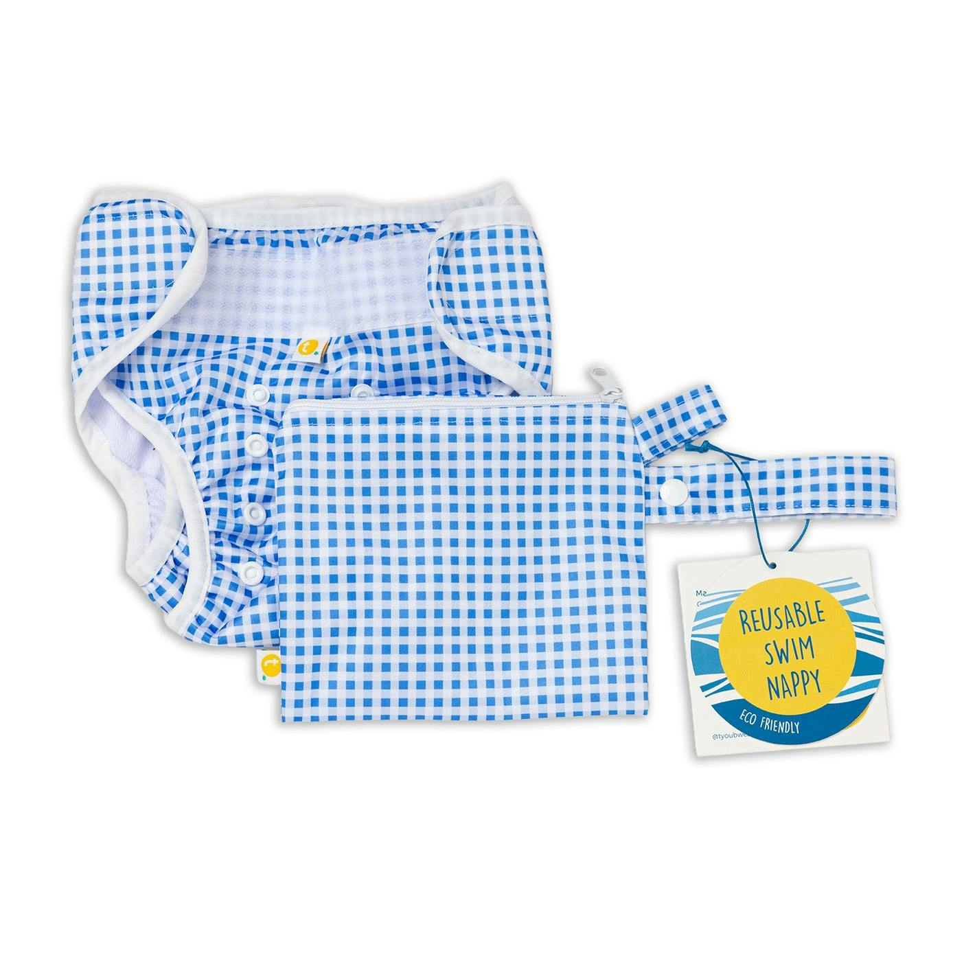 Adjustable Reusable Swim Nappy and Wet Bag - Blue Gingham Check - Image 11